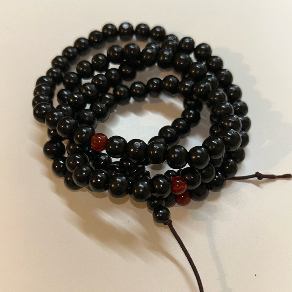 Black Beaded Bracelet with Red Accents